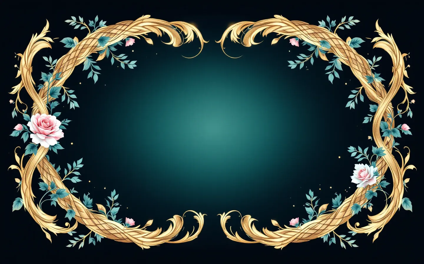 A candlelit rococo flowing-gilt cartouche with four braided ribbon-strands in cool pastels standing for the four peptides of the KLOW blend, set asymmetrically on a deep teal-plum jewel ground with blooming-rose filigree
